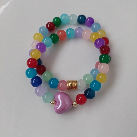 Hand Crafted Jewelry - Handcrafted Jewelry Bracelet Set Crystal Beads Porcelain Heart Colorful